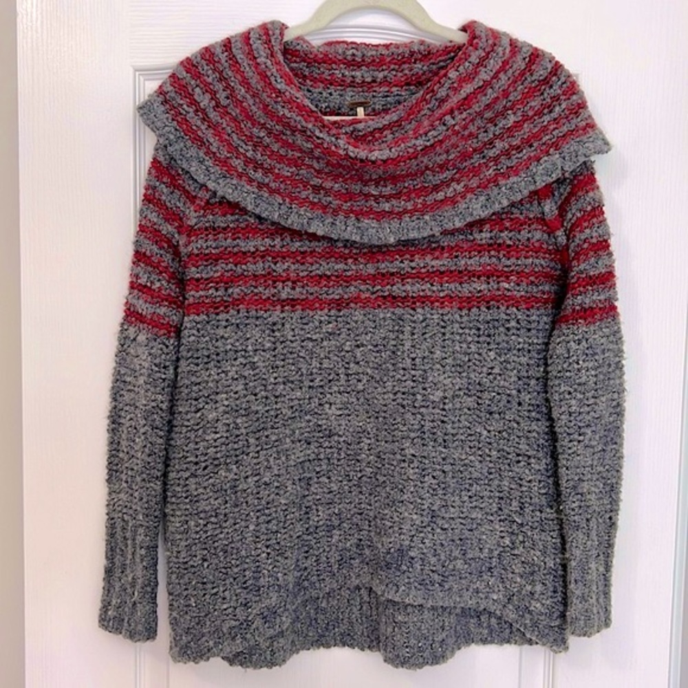 Free People Woven Knit Red & Gray Cowl Neck Wool Blend Sweater